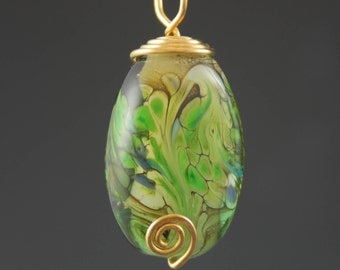 Glass Pendant, Green, Artisan Glass Bead, Necklace, Tammie Mabe, Wire Wrapped, Yellow Brass Wire, Handmade, Artisan Jewelry, USA, Lampwork