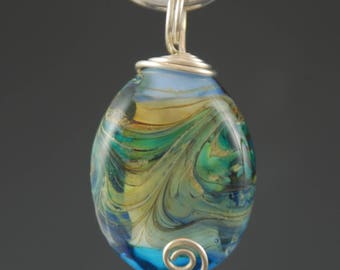 Glass Pendant, Blue, Sea, Jewelry Gift, Necklace, Tammie Mabe, Wire Wrapped, Sterling Silver, Handmade, Artisan Jewelry, USA, Lampwork