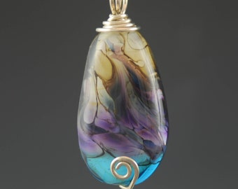 Glass Pendant, Blue, Purple, Jewelry Gift, Necklace, Tammie Mabe, Wire Wrapped, Sterling Silver, Handmade, Artisan Jewelry, USA Lampwork