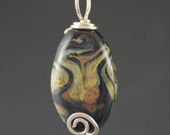 Glass Pendant, Black, Organic, Artisan Glass Bead, Necklace, Tammie Mabe, Wire Wrapped, Sterling Silver, Handmade, Artisan Jewelry, Lampwork