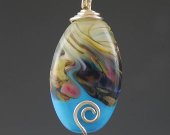 Turquoise Blue, Pendant, Artisan Necklace, Tammie Mabe, Wire Wrapped, Sterling Silver, Handmade Jewelry, Lampwork Glass Focal Bead, USA