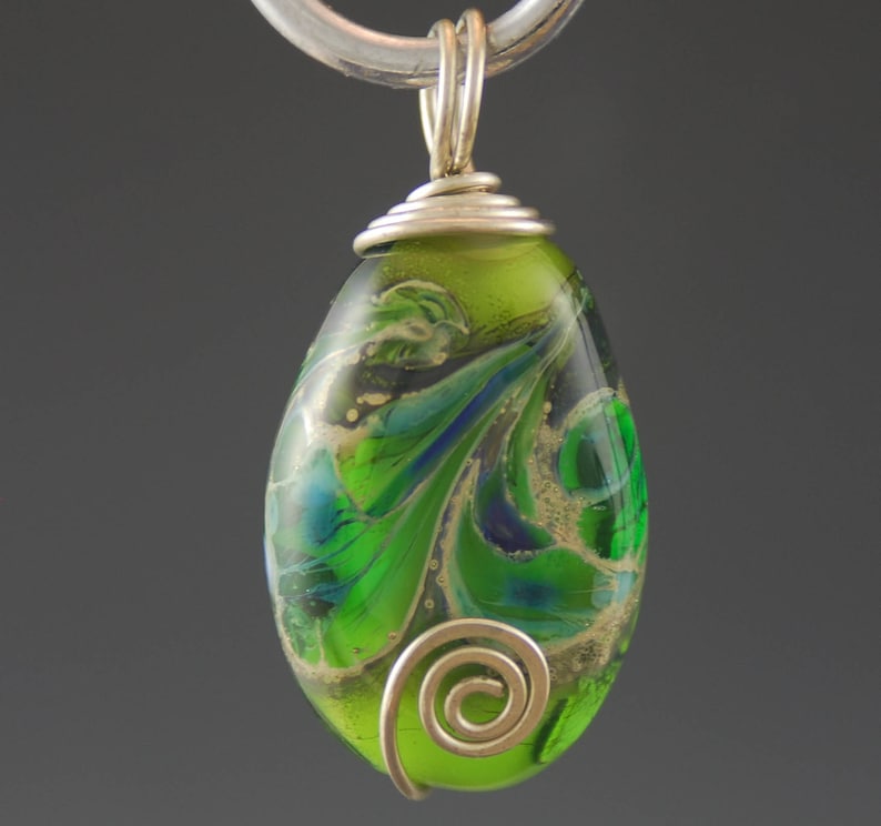 Glass Pendant Blue Sterling Silver USA Jewelry Wire Wrapped Handmade Green Tammie Mabe Artisan Jewelry Lampwork Gift Necklace