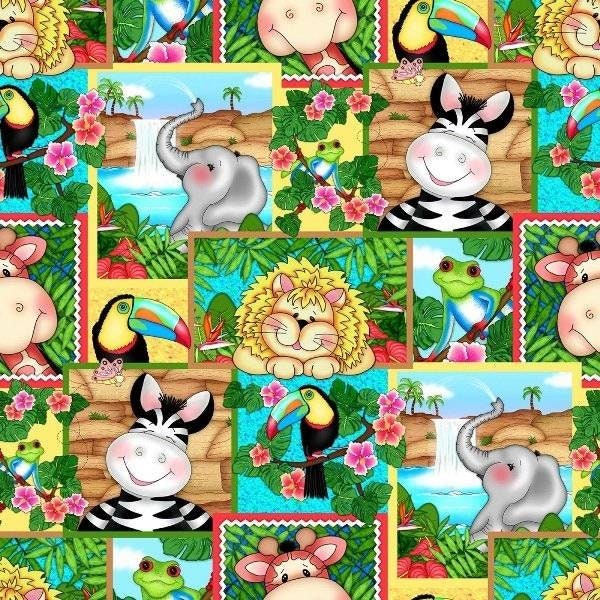 Bazooples Waterfall Jungle Animals Cotton Fabric  Spring Creative By the Half Yard