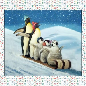 May include: A painting of a family of penguins sledding down a snowy hill. The penguins are wearing winter hats and are on a wooden sled. The background is a snowy landscape with a blue sky.