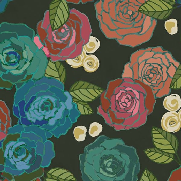 Allure Noir Main  Cotton Fabric Marcus Charcoal Blooming Rose