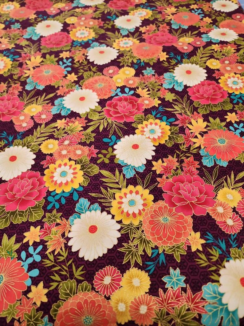 Hikari Plum Cotton Fabric Japanese Floral Andover Makower Etsy