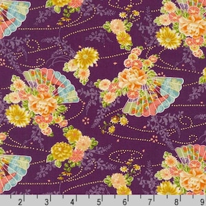 May include: A fabric with a dark purple background featuring a repeating pattern of floral bouquets and decorative fans. The bouquets are composed of yellow and orange flowers. The fans have a colorful design with blue, orange, and pink accents.