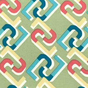 May include: A repeating pattern of interlocking geometric shapes in shades of teal, blue, yellow, and pink on a light green background.
