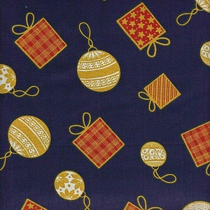 May include: A navy blue fabric with a repeating pattern of gold and red Christmas ornaments and gift boxes. The ornaments are round and have a white design. The gift boxes are square and have a plaid or star pattern.