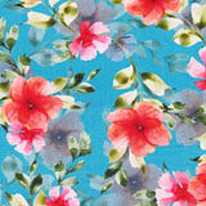 May include: A fabric pattern featuring vibrant coral-pink flowers and soft grey-blue foliage set against a bright turquoise background. The design displays a repeating floral motif with watercolor-style petals and green-tinted leaves throughout.