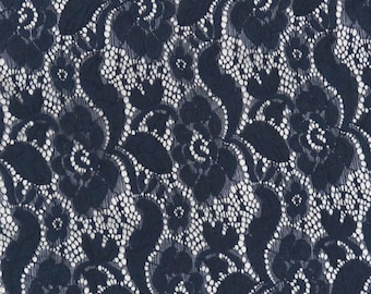 Navy Blue Lace  Fabric Apparel Floral Stretch Designer  By the Yard