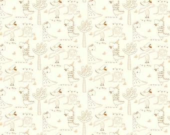 May include: A seamless pattern featuring a repeating design of brown and white dinosaurs, palm trees, and small brown leaves on a cream background.