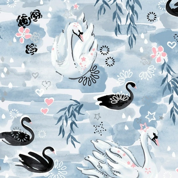 Enchanted Lake Swans Garden Flowers Cotton Fabric RJR Sold by the Yard