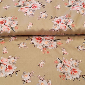 Beige Floral Sateen Rose  Cotton Fabric Apparel By the Yard