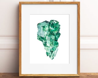 Emerald gemstone, watercolor print, May birthstone, precious stone, green jewel, wall art, art print home decor.