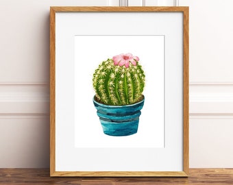 Small Cactus painting, little succulent art, watercolor succulent, cute cactus painting, blue pot, green thumb