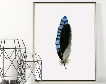 Water color art, Feather print, colorful nature decor, wall art, tribal art,watercolor painting, Blue Jay Feather, Blue Jay Painting, Bird