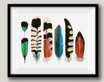 6 Feather, Native American Style, Wall Art, Tribal Art Fine Art, Feather Watercolor Painting, Brazil, Greece