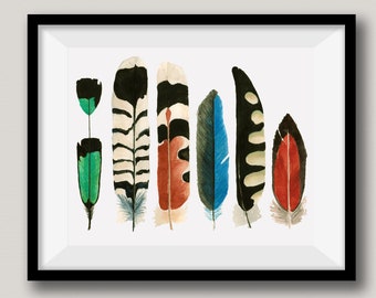 6 Feather, Native American Style, Wall Art, Tribal Art Fine Art, Feather Watercolor Painting, Brazil, Greece