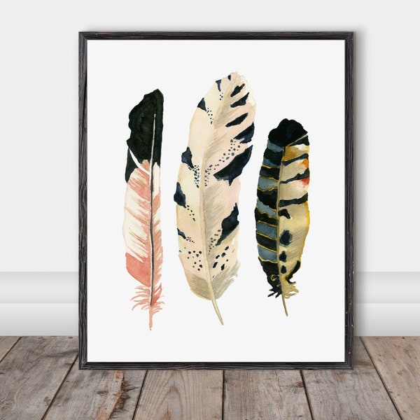 Owl feathers, Watercolor painting, Three feathers, Wall art, Nursery Decor, Family of 5, Family of 3, Native American Style Art