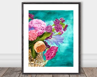 Bright Peonie watercolor painting, spring flowers, modern floral arrangement, bright flowers