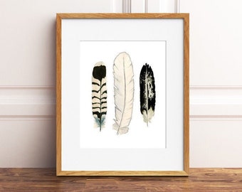 Noir et Blanc Trio #1, black and white feathers, ebony and ivory, feather painting, North American Hawk, Bald Eagle, young Bald Eagle