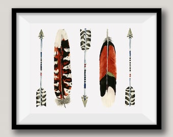 Feathers and Arrows Watercolor Painting, Wall Art, Native American Art, Flint, Wall Decor, Nursery Decor, Tribal Art.