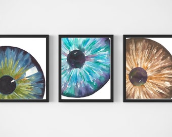 Blue and green iris, blue eye, green eye, eyeball, brown eye, watercolor painting of an eye, teal eye, abstract eye, optometry art