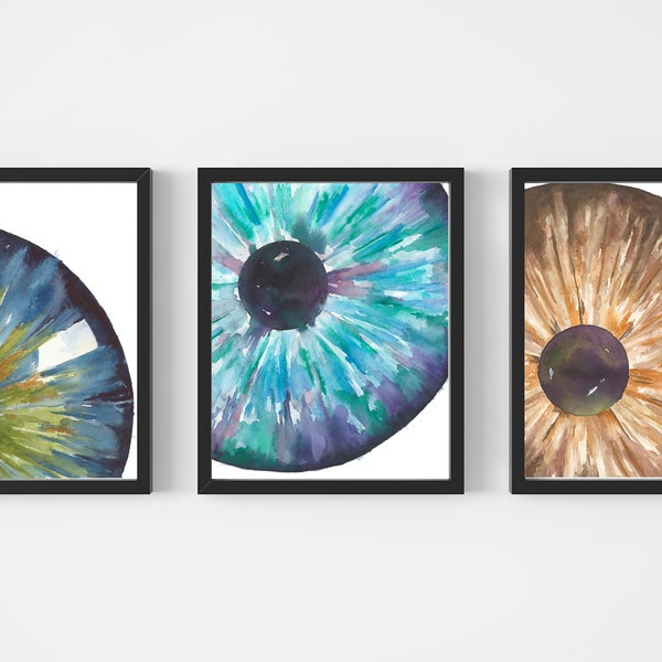 Blue and green iris, blue eye, green eye, eyeball, brown eye, watercolor painting of an eye, teal eye, abstract eye, optometry art