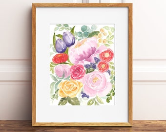 Peony, Rose, Tulip, Runoculus, flower painting, Eucaliptus leafs, Spring flowers, botanical painting, watercolor peony, colorful painting