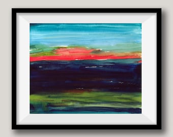 Colorful abstract watercolor painting, ocean sunset, indigo blue, orange pop,