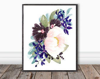 Blush Peony, Black Hollyhock, eucalyptus, Purple Mokara Orchid, modern floral bouquet, watercolor flowers, Loose watercolor flowers, peonies