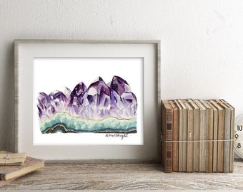 Amethyst watercolor painting, February birthstone, purple crystal, healing crystal, crystal art