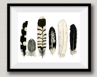 The Gathering, black and white feathers, big family, b&w, black and cream feathers, Native American style art