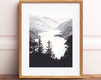 Columbia River Gorge, Cape Horn, Watercolor, PNW, Gorge, Monocromatic painting, Monocromatic art, river painting, Pacific Northwest,