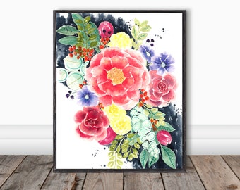 Peony Bouquet with summer flowers, roses, colorful botanical, modern floral, loose watercolor flowers