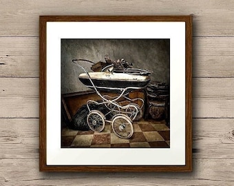 Old baby carriage. Vintage baby cart.