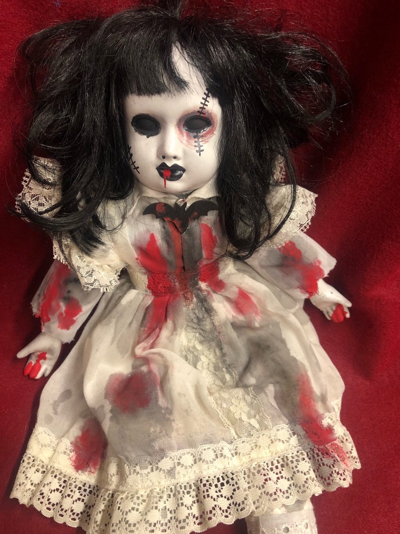Free usa shipping creepy doll sitting bruised eye bloody girl bat brooch spooky ooak gothic horror halloween art by christie creepydolls