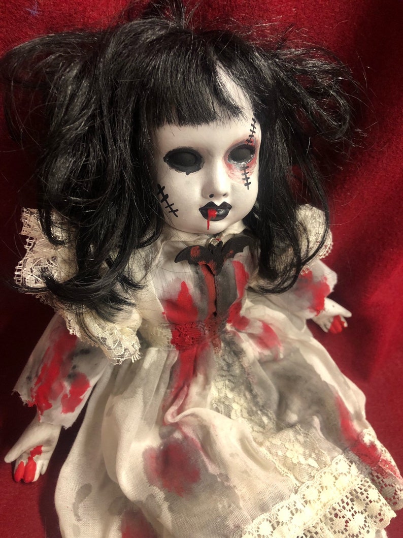 Free usa shipping creepy doll sitting bruised eye bloody girl bat brooch spooky ooak gothic horror halloween art by christie creepydolls