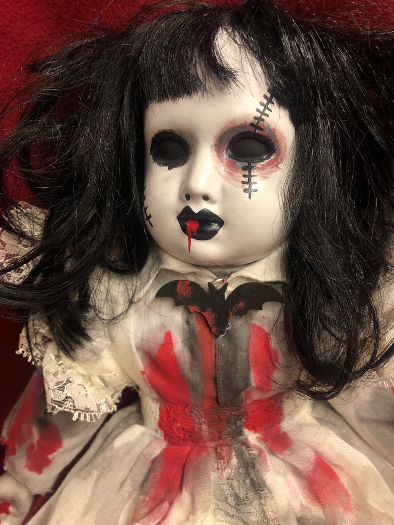 Free usa shipping creepy doll sitting bruised eye bloody girl bat brooch spooky ooak gothic horror halloween art by christie creepydolls