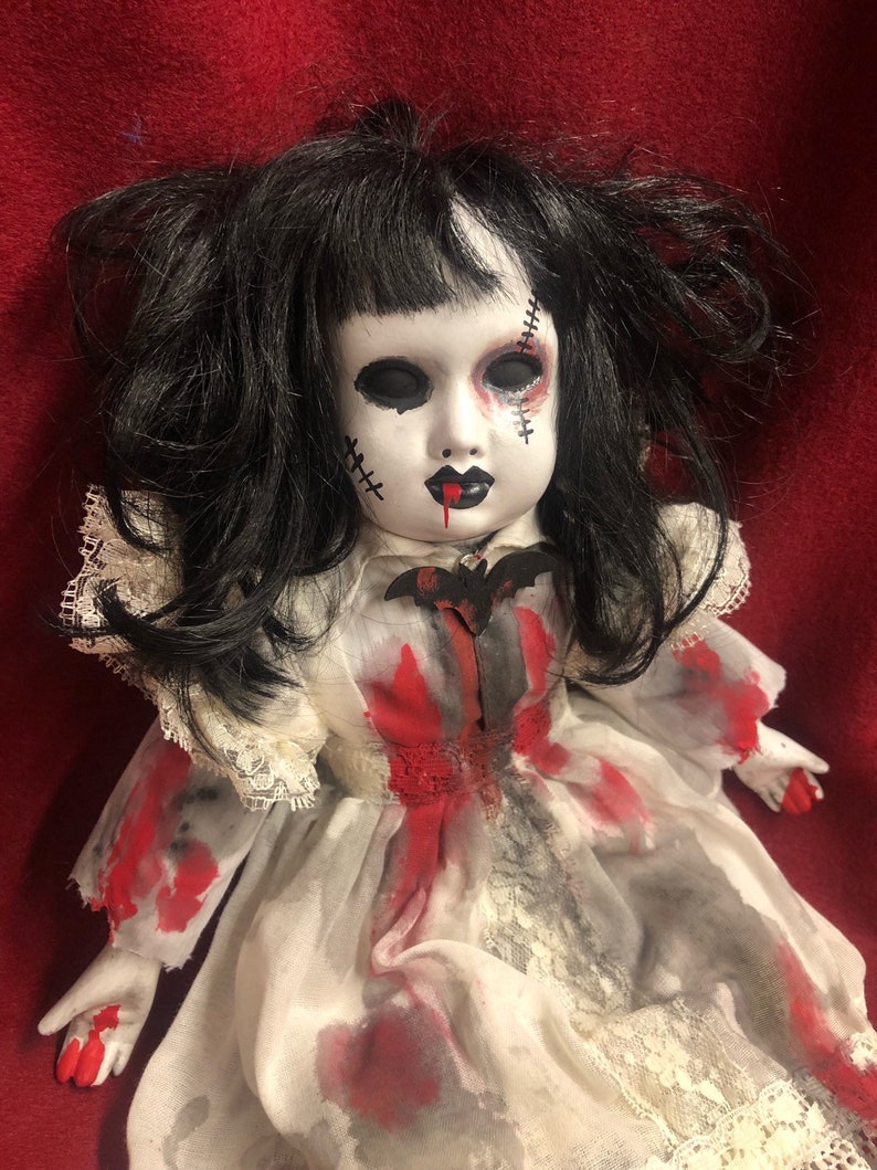 Free usa shipping creepy doll sitting bruised eye bloody girl bat brooch spooky ooak gothic horror halloween art by christie creepydolls
