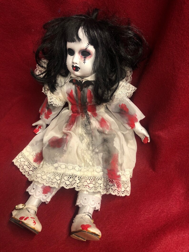 Free usa shipping creepy doll sitting bruised eye bloody girl bat brooch spooky ooak gothic horror halloween art by christie creepydolls
