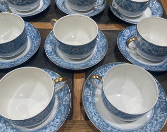Set of 7 coffee  johnson bros . Transferware English cups and saucer sets blue and white Henley pattern