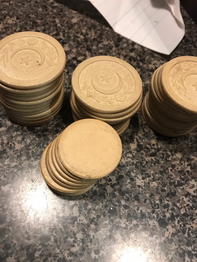 Antique crescent moon and star clay poker chips and buttons