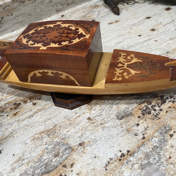 1970s Italian Soreto ware inlaid wood gondola with man music box