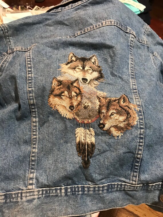 Custom hand embroidered wolf pattern lee jean jack