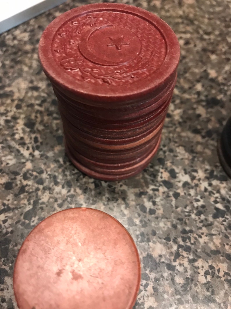 Antique crescent moon and star clay poker chips and buttons