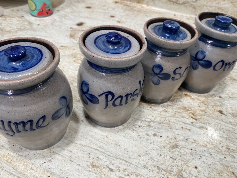 Set of 4 1992 Rowe Pottery With Blue Glazed Embelishments With Etsy