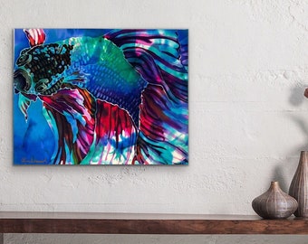Betta Fish Silk Painting Gallery Wrapped Wall Decor Fiber Art Hand Painted Original Art