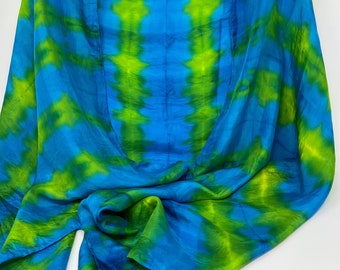 Teal And Green Shibori Pure Silk Wide Scarf 21x70 Shoulder Wrap Shawl